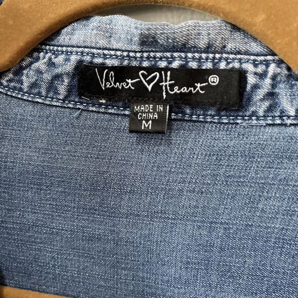 Velvet Heart Shirt Dress Women’s M Blue Chambray Tencel Roll Tab Sleeve Pockets - Picture 2 of 11